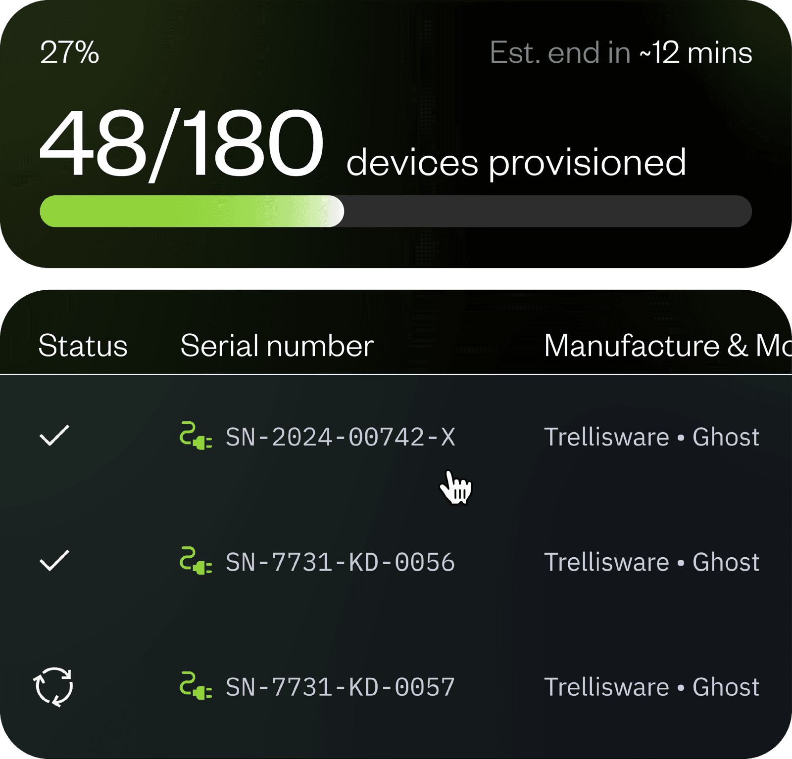 A UI collage showing a provisioning run in progress in Dovetail, with completion count, time remaining, and each device's serial number and status shown.