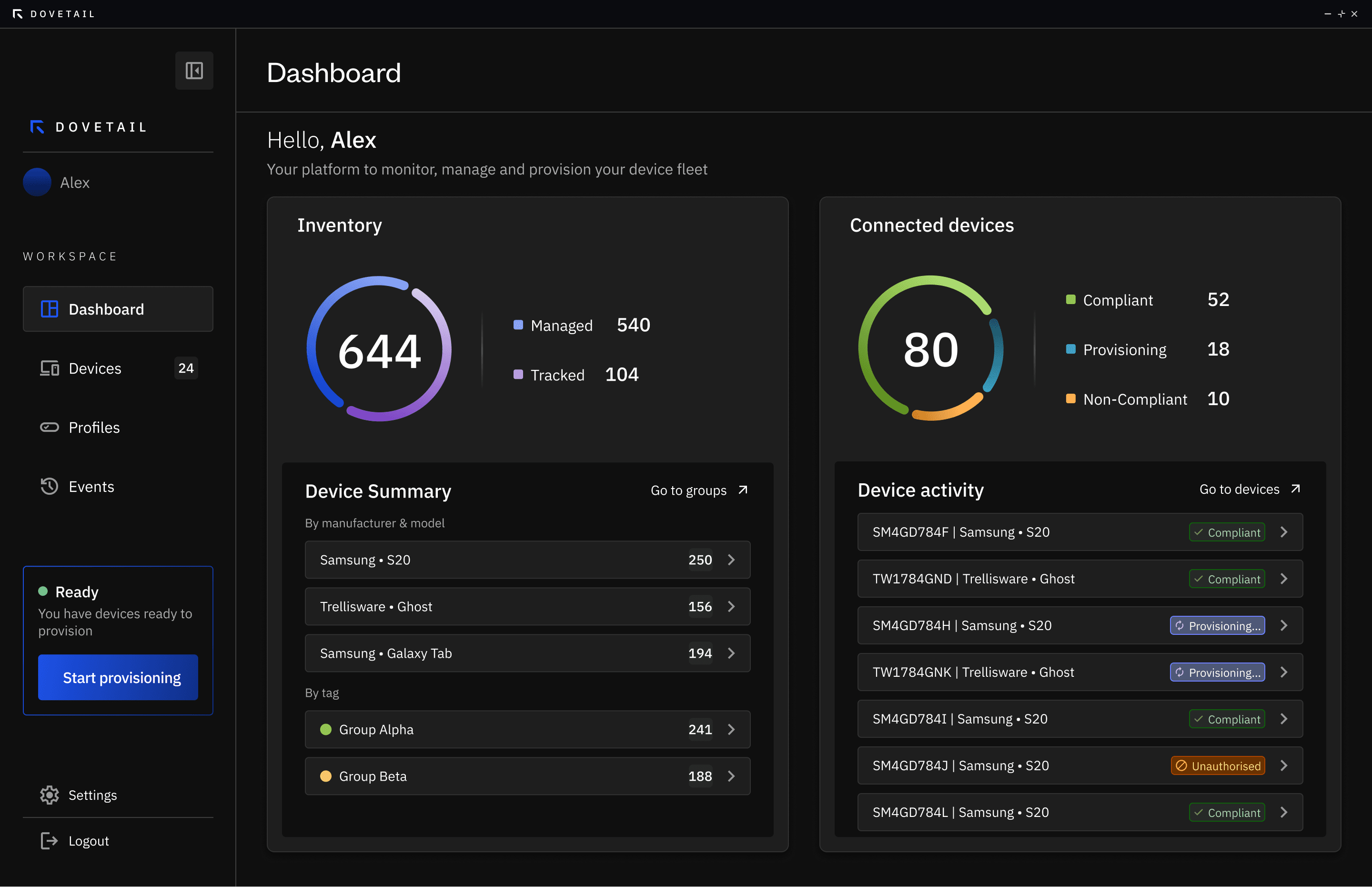 The Dovetail dashboard, showing fleet inventory, device compliance status, a breakdown by manufacturer and model, and recent activity.