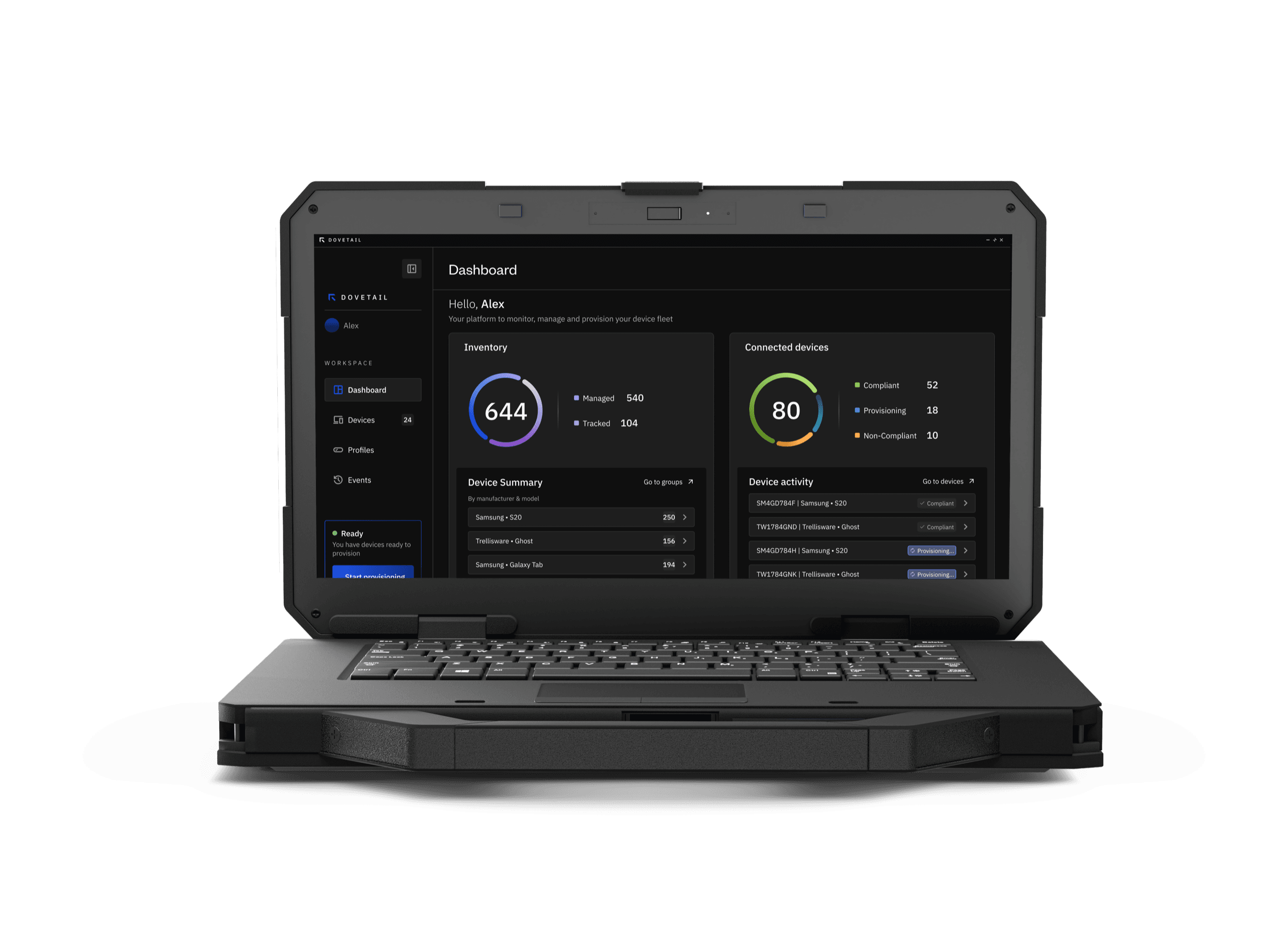 The Dovetail dashboard running on a ruggedised laptop, showing fleet inventory and connected device counts.