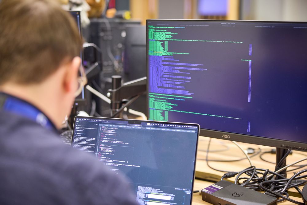 A person working at a laptop with software.