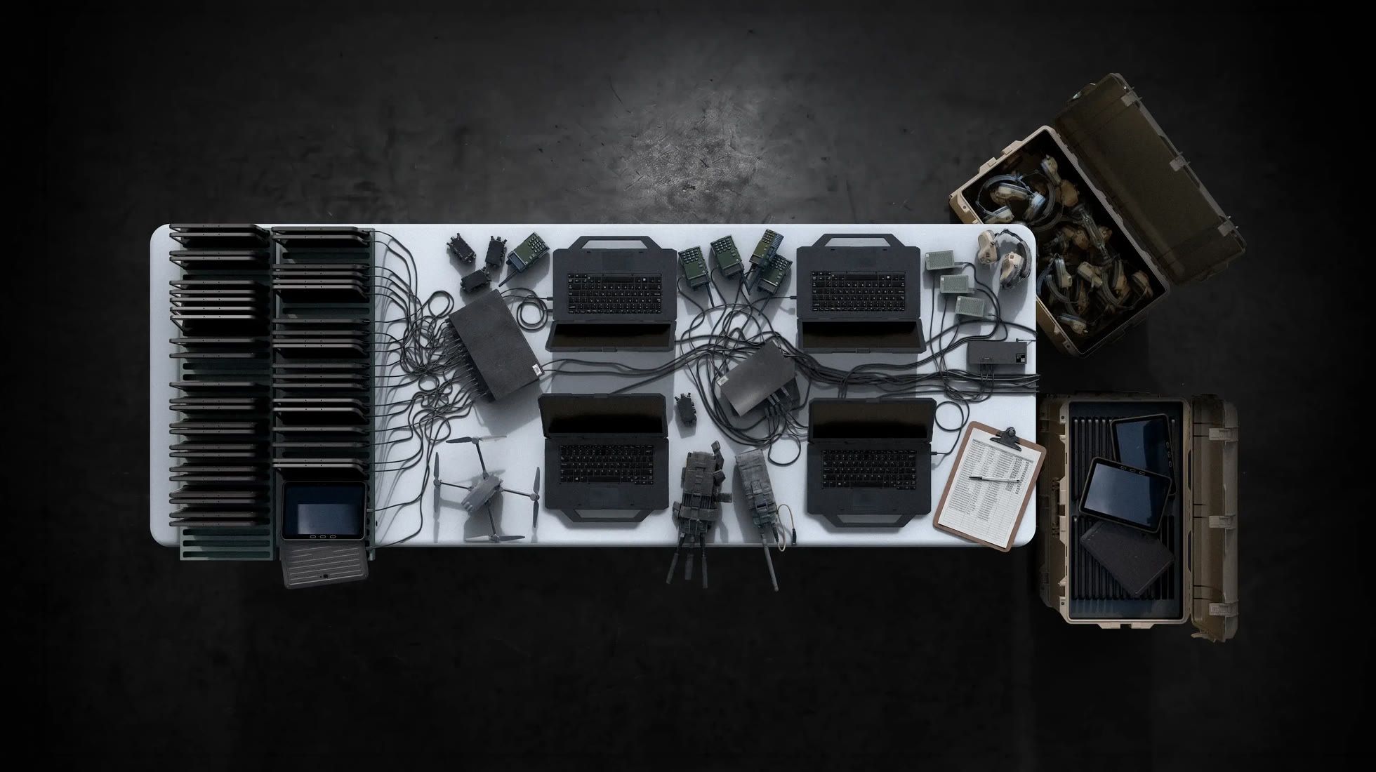 An organized array of ruggedized electronic devices, including tablets, laptops, and networking gear, on a white table.